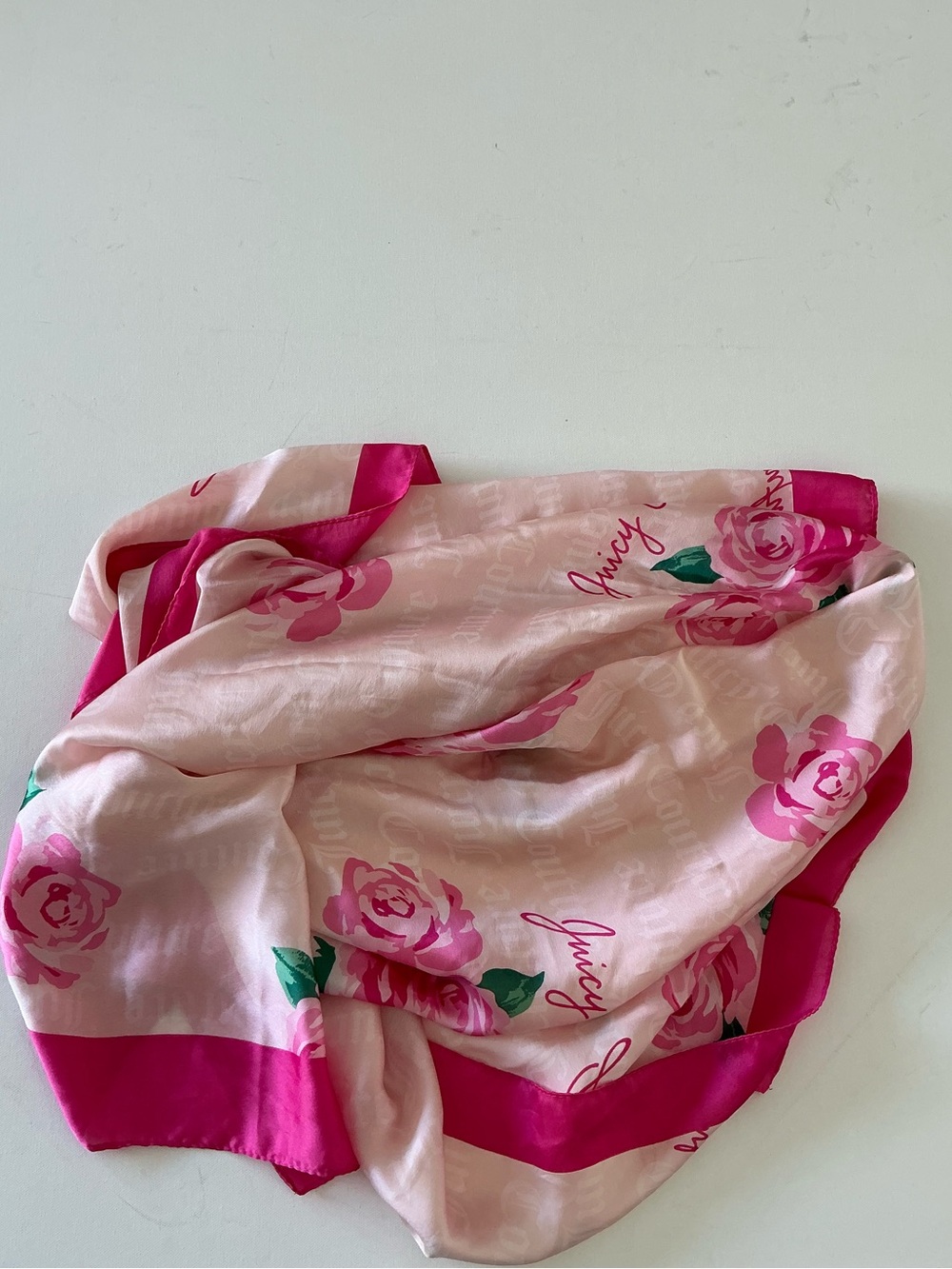 Juicy Couture Pink Floral Logo Satin LookScarf | Rose Print Square Scarf One Siz